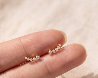 925 Sterling Silver CZ Climber Earrings, Gold or Silver Tiny Crawler Studs, Curved Star Bar Earrings, Minimalist Jewelry Gift