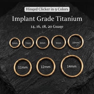 May include: A collection of gold-colored hinged clicker rings made of implant grade titanium. The rings are arranged in sizes from 6mm to 14mm. Text on the image reads: Hinged Clicker in 9 Colors, Implant Grade Titanium, 14, 16, 18, 20 Guage.