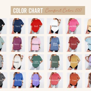 May include: A colour chart displaying Comfort Color 1717 t-shirts in a range of shades. The chart includes colours such as black, navy, red, and white, with each shirt shown on a person to display the colours.