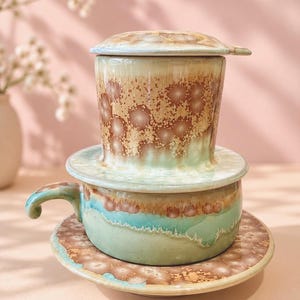May include: A ceramic Vietnamese coffee filter set consisting of a cup, a saucer, a filter chamber, and a lid. The pottery features a reactive glaze with a blend of light green, turquoise, and brown tones, displaying a speckled, crystalline pattern.