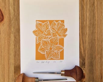 Daffodil original limited edition linocut print A5: narcissus, orange, artwork, lino print, hand printed, March birth flower, rebirth, joy