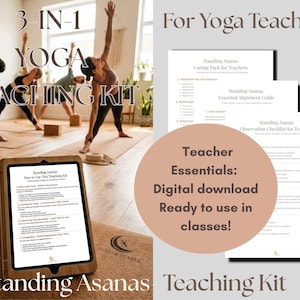 Pode incluir: Um kit de ensino de ioga com o texto "3-IN-1 YOGA TEACHING KIT" e "For Yoga Teachers". O kit inclui um tablet exibindo instruções "Standing Asanas" e guias impressos. O texto "Teacher Essentials: Digital download Ready to use in classes!" também é visível.