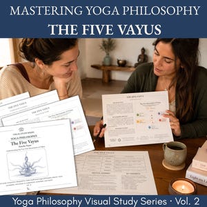 May include: A set of educational study guides titled Mastering Yoga Philosophy The Five Vayus. The white paper sheets feature black text, diagrams, and a central illustration of a person in a seated meditation pose with radiating energy lines.