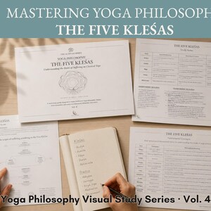 May include: A collection of printed study guides titled Yoga Philosophy The Five Kleśas, featuring charts and diagrams on white paper. A notebook with handwritten notes on the Kleśas sits alongside the documents, accompanied by a black pen and glasses.