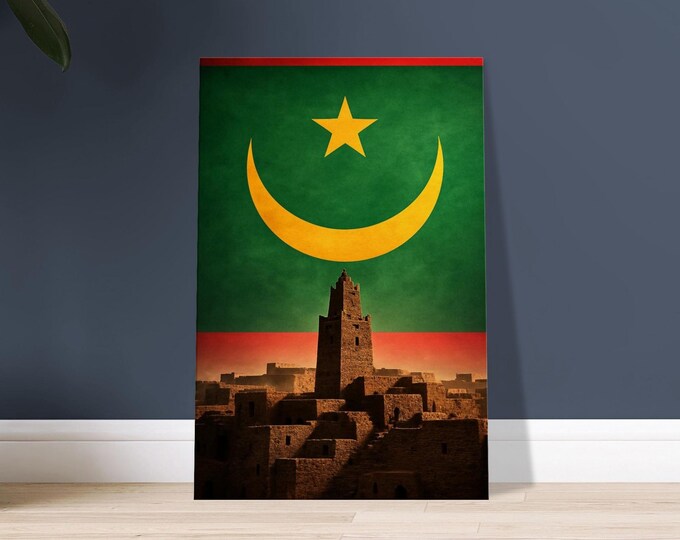 Mauritania Canvas - Chinguetti Minaret & Flag | Sahara Minimalist Travel Wall Art Desert Islamic Architecture Print