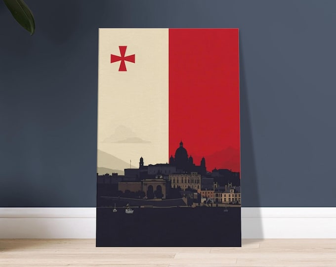 Minimalist Malta Canvas Art – Valletta Skyline & Maltese Flag