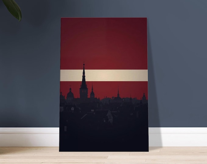 Latvia Canvas Wall Art – Minimalist Riga Skyline Silhouette, Latvian Flag Poster, Modern Travel Decor