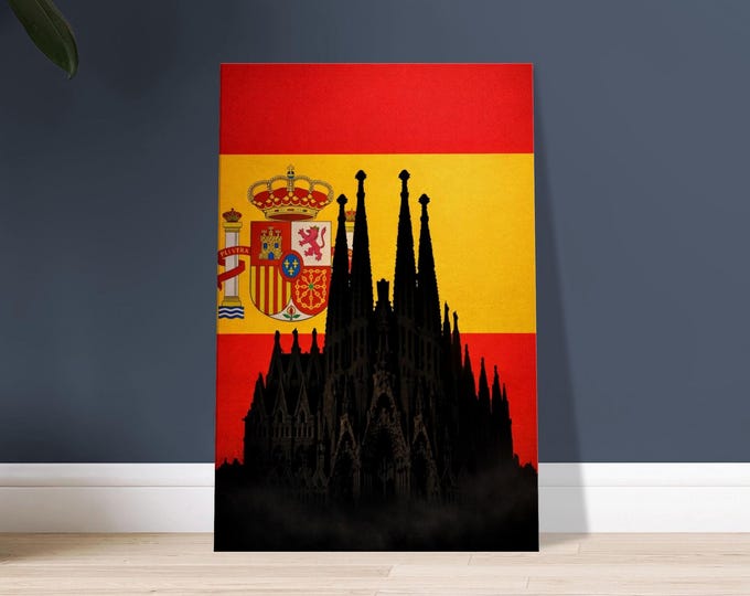 Spain Canvas Wall Art - Minimalist Sagrada Familia & Bull Modern Travel Poster Spanish Home Decor