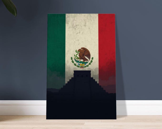 Mexico Canvas Wall Art - Chichen Itza Pyramid & Mexican Flag | Minimalist Travel Poster Decor
