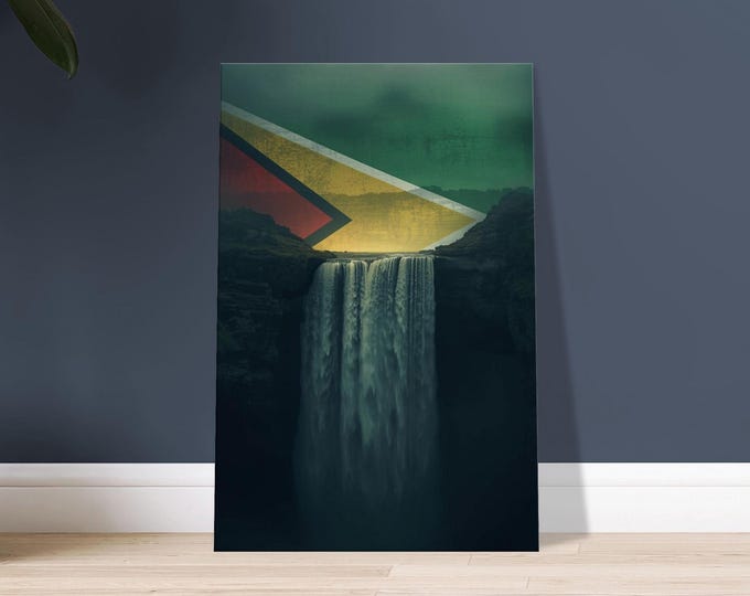 Guyana Canvas Art - Kaieteur Falls & Flag Minimalist Travel Poster Wall Decor South America Print