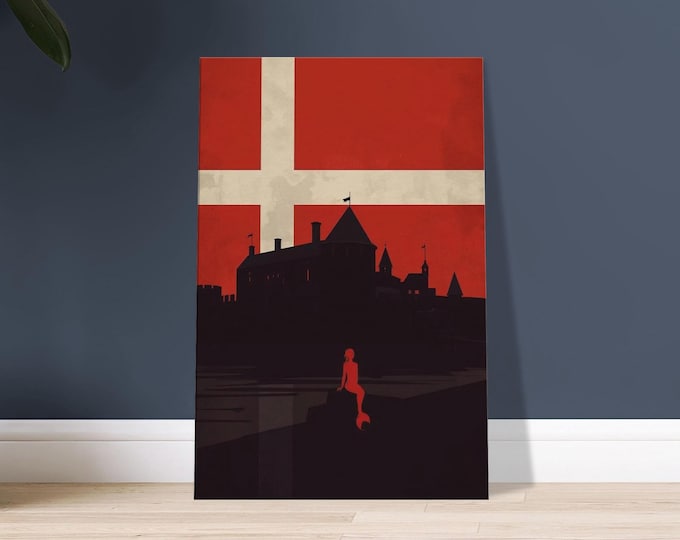 Denmark Canvas Print – Little Mermaid & Castle Silhouette, Danish Flag Art