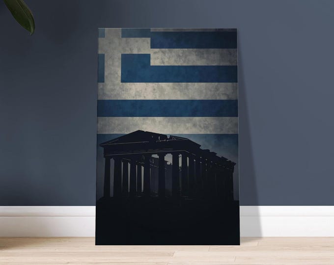 Greece Flag Canvas Print – Parthenon Silhouette, Modern Travel Art