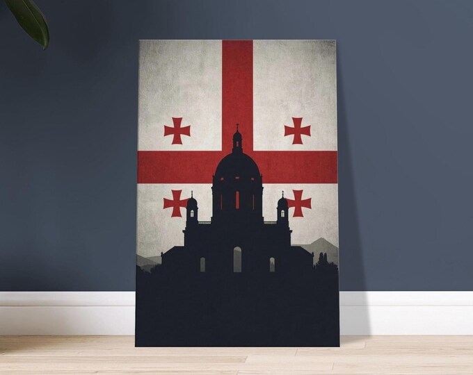 Georgia Canvas - Tbilisi Cathedral Silhouette Flag | Modern Travel Wall Art Minimalist Country Decor Print