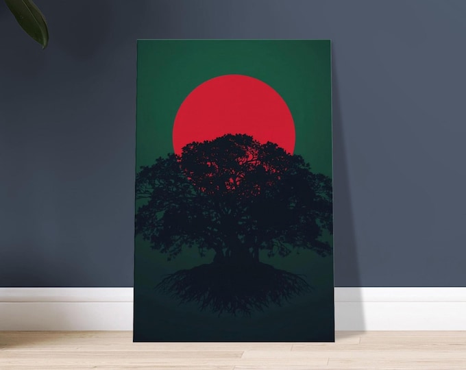 Bangladesh Canvas Wall Art - Red Sun Flag Banyan Silhouette Minimal Travel Poster Decor