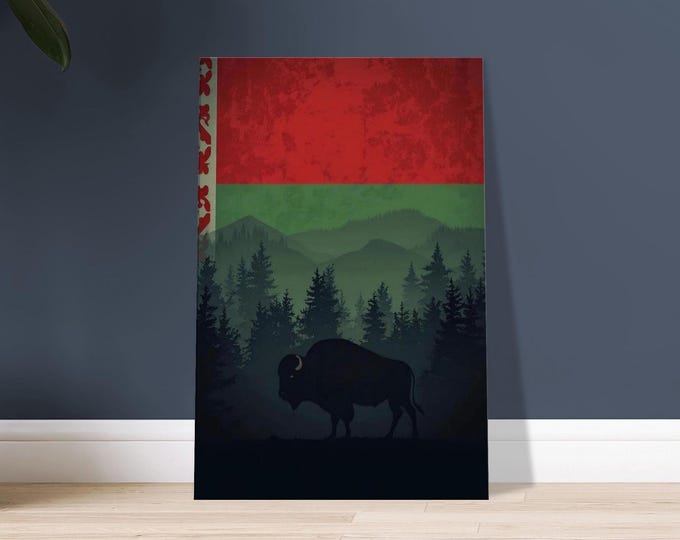 Belarus Bison Canvas Art – Minimalist Forest & Flag Travel Print