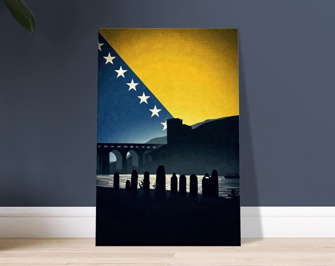 Bosnia and Herzegovina Canvas Art – Stari Most Bridge, Modern Travel Poster