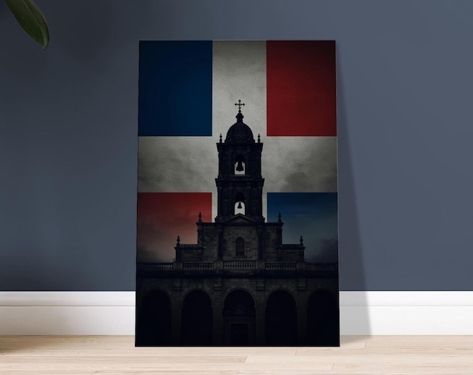 Dominican Republic Canvas - Santo Domingo Cathedral & Flag | Minimalist Caribbean Wall Art