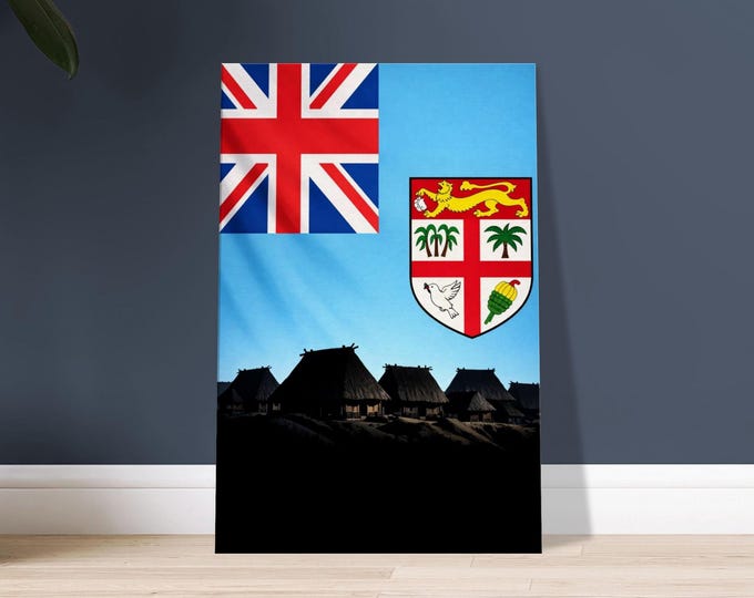 Fiji Flag Canvas Print: Pacific Island Huts, Minimalist Travel Art