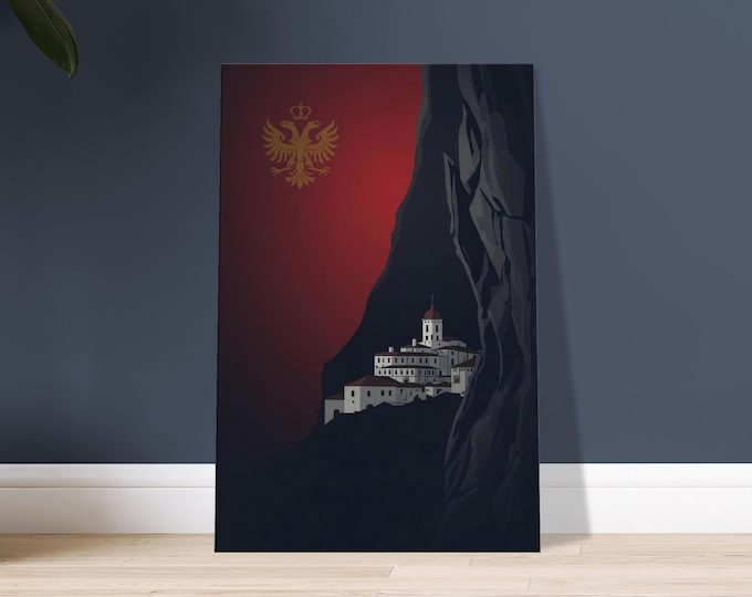 Montenegro Canvas Wall Art – Ostrog Monastery Silhouette, Montenegrin Flag & Eagle, Minimalist Travel Poster