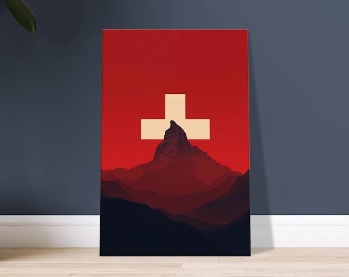 Switzerland Canvas Wall Art - Minimalist Matterhorn Swiss Cross Modern Travel Poster Alpine Home Decor