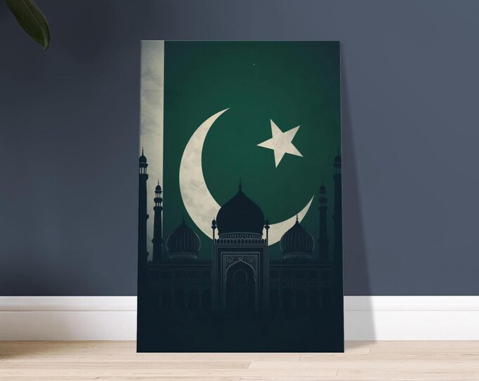 Pakistan Canvas Wall Art - Badshahi Mosque Silhouette, Crescent Star Flag Print, Minimal Travel Poster