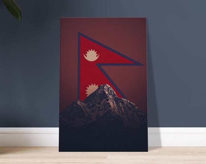 Nepal Canvas Wall Art - Himalaya Peak & Flag | Minimalist Travel Poster Mountain Decor Print