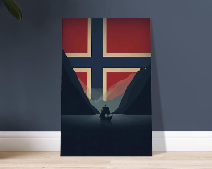 Norway Fjord Canvas Print - Viking Ship Scandinavian Wall Art Nordic Decor Minimalist Travel Gift