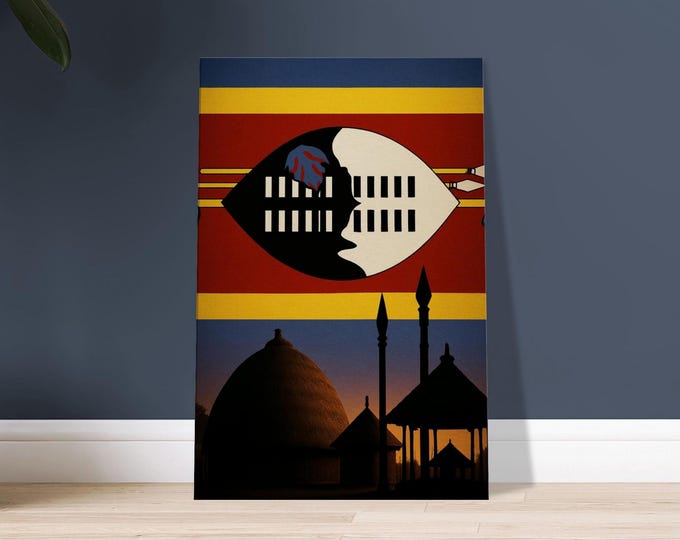 Eswatini Canvas Wall Art - Beehive Huts Flag Shield Minimalist African Decor Travel Poster