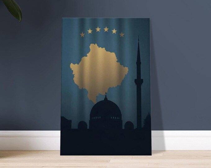 Kosovo Map Canvas Print – Mosque Skyline, Modern Home Decor