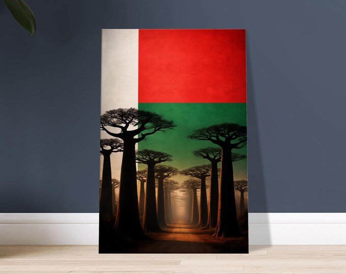 Madagascar Canvas - Avenue of the Baobabs Flag | Minimalist Travel Poster Wall Art Gift for Adventurers
