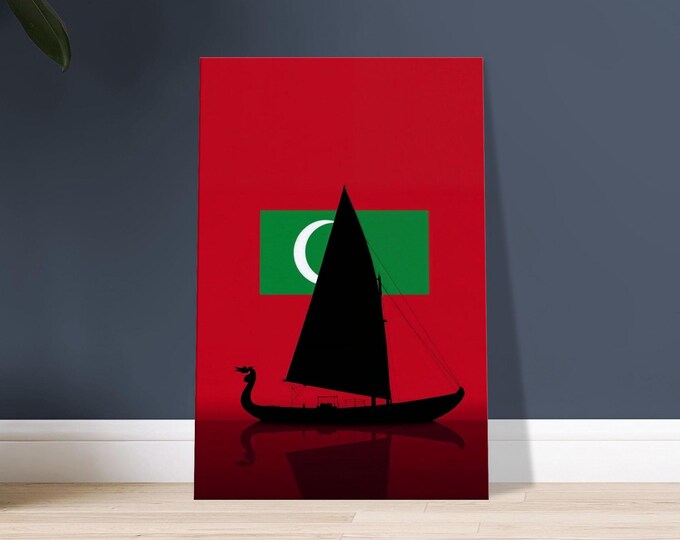 Maldives Canvas Wall Art - Dhoni Silhouette & Flag | Minimalist Travel Poster Home Decor Gift