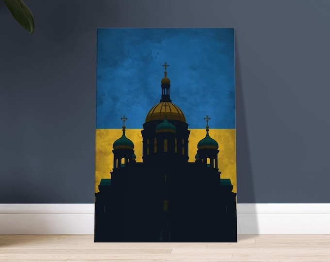 Ukraine Canvas Wall Art – Kyiv Golden Domes & Flag | Minimalist Travel Poster