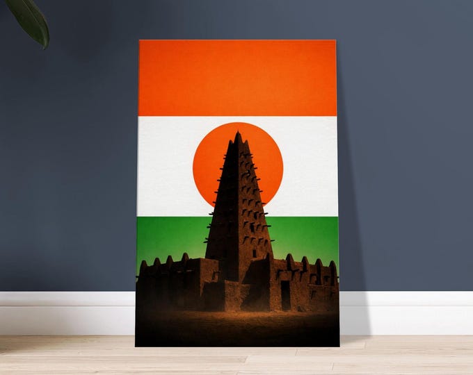 Niger Canvas Agadez Minaret Flag Minimalist Travel Wall Art African Sahel Decor Modern Gallery Gift Traveller