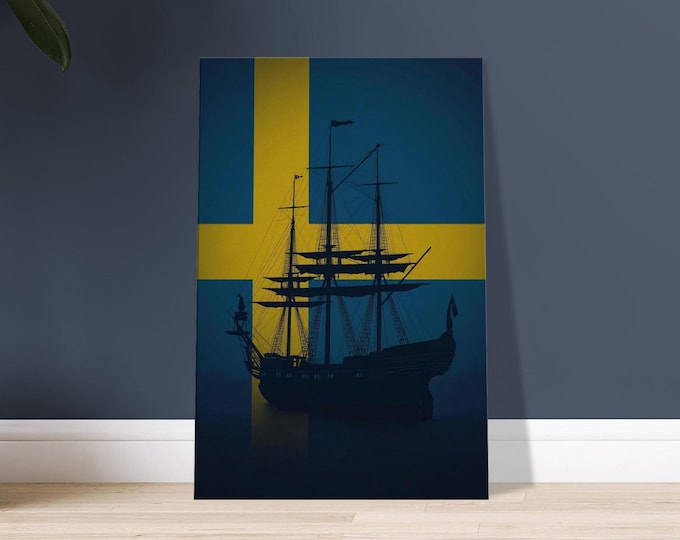 Swedish Flag Tall Ship Canvas Wall Art | Scandinavian Travel Poster | Nordic Minimalist Home Decor