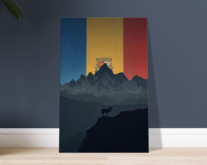 Andorra Canvas Wall Art - Minimalist Pyrenees Mountains Ibex Flag Poster Modern Travel Decor
