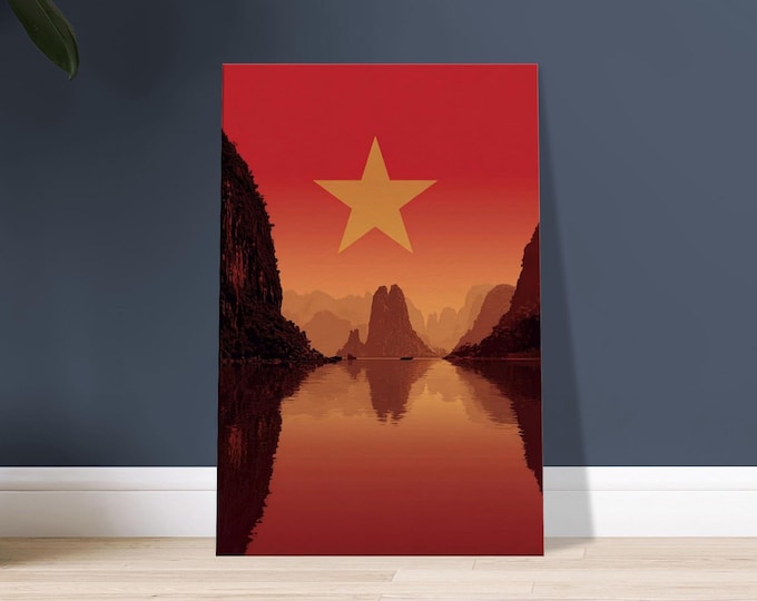 Vietnam Canvas Wall Art - Flag with Ha Long Bay Silhouette | Minimalist Travel Poster Print