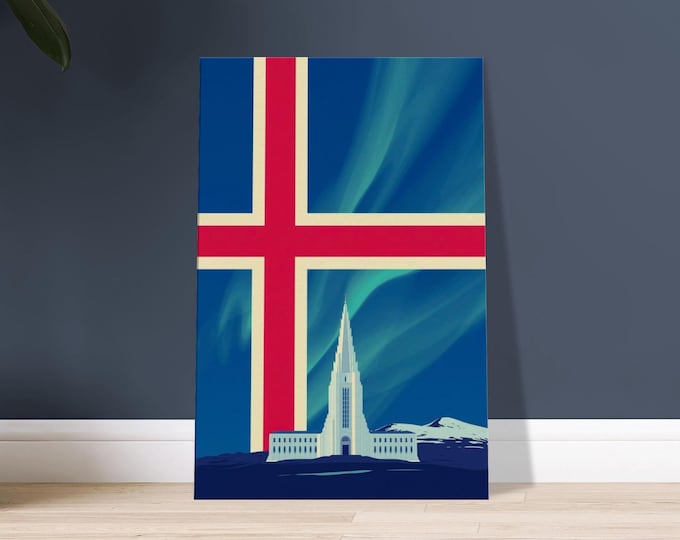 Iceland Flag Art Print, Reykjavik Hallgrímskirkja Church Poster, Nordic Travel Decor