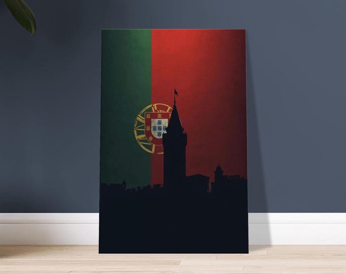 Lisbon Tower Canvas Art - Minimalist Portugal Flag Silhouette Modern Travel Wall Decor Poster