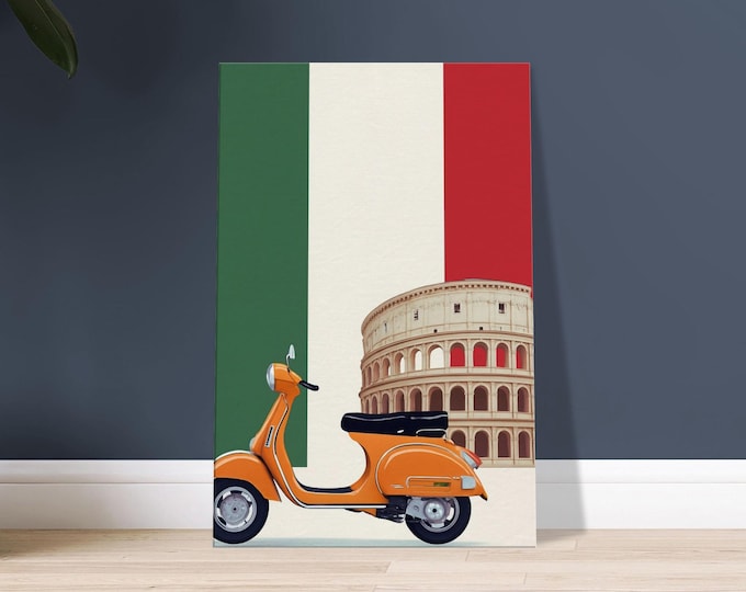 Minimalist Italy Canvas Print - Colosseum Vespa Travel Poster Wall Art Mediterranean Rome Gallery Decor
