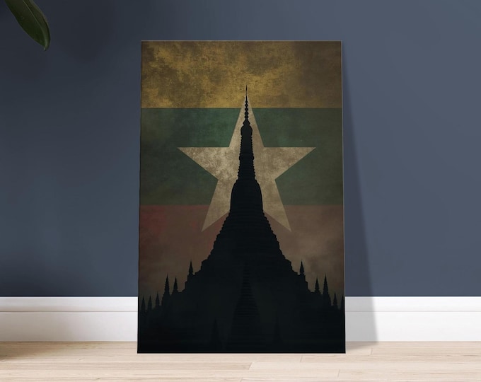 Myanmar Burma Canvas Wall Art - Bagan Temples Silhouette Flag Minimalist Travel Poster Decor