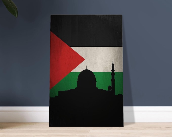 Palestine Canvas Wall Art - Old City Skyline & Palestinian Flag Minimalist Travel Poster