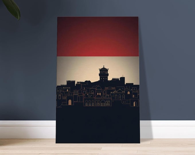 Yemen Canvas Wall Art - Sana'a Old City Silhouette & Flag Minimalist Travel Poster Decor Gift