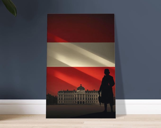 Austria Canvas Wall Art – Vienna Palace & Mozart Silhouette, Minimalist Travel Poster, Austrian Home Decor,