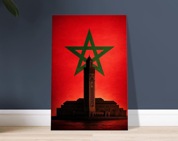 Hassan II Mosque Canvas Print, Morocco Flag Art