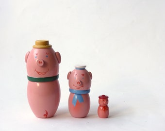 Three Pigs Matryoshka, hand painted wooden toy, Made in Poland