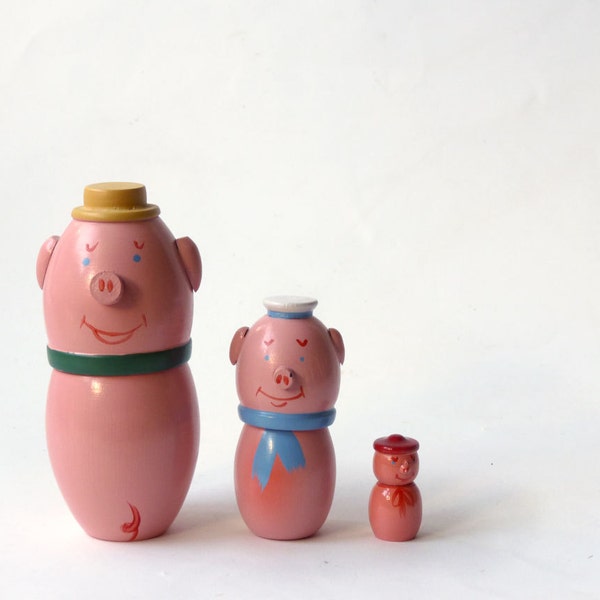 Three Pigs Matryoshka, hand painted wooden toy, Made in Poland