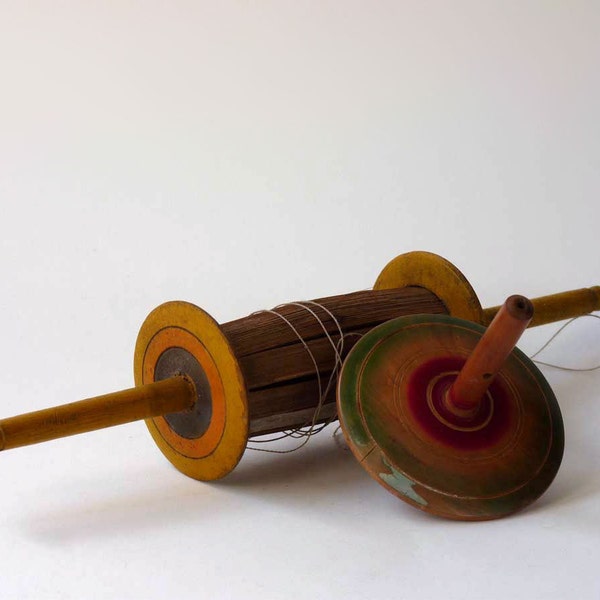 Wooden Top and Wooden Kite Spool, rustic round toys
