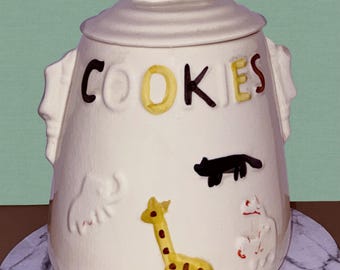 Vintage Animal Crackers Ceramic Cookie Jar 1940-1950s American Bisque Animals All Over