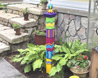 Handcrafted Garden Totem, Medium 42" Tall, Bright Color Scheme, Outdoor Decor