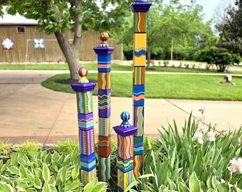 Handcrafted Garden Totems, Set of 4, Earthy Color Scheme, Yard Decor